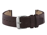 Srebrna matowa klamra ze stali nierdzewnej z logo Tommy Hilfiger przy brązowym pasku skórzanym 20 mm.