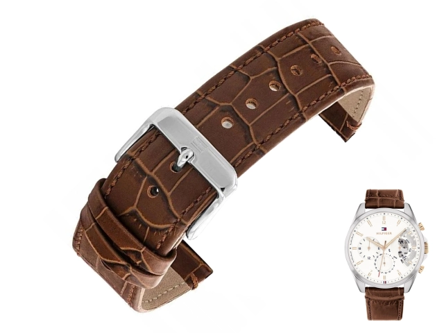 Oryginalny brązowy pasek ze skóry naturalnej wzór aligatora do zegarka Tommy Hilfiger 1710450 o szerokości 22 mm.