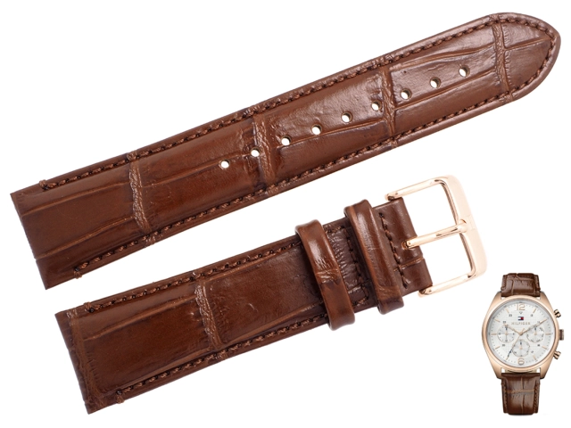 Oryginalny brązowy pasek skórzany z tłoczeniem aligatora do zegarka Tommy Hilfiger 1791183 szerokość 22 mm.