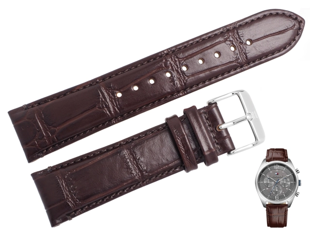 Oryginalny brązowy pasek ze skóry naturalnej z tłoczeniem aligatora do zegarka Tommy Hilfiger 1791184 o szerokości 22 mm