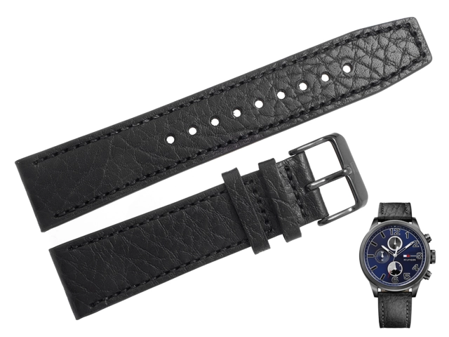 Oryginalny czarny pasek ze skóry naturalnej z fakturą do zegarka Tommy Hilfiger 1791241 o szerokości 22 mm.
