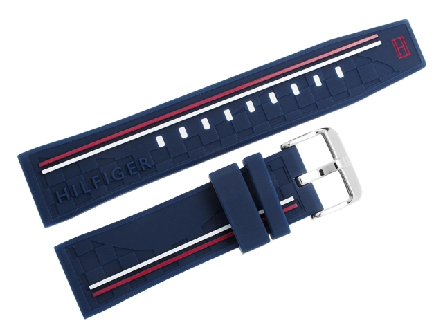 Polerowana stalowa klamra paska Tommy Hilfiger z grawerowanym logo.